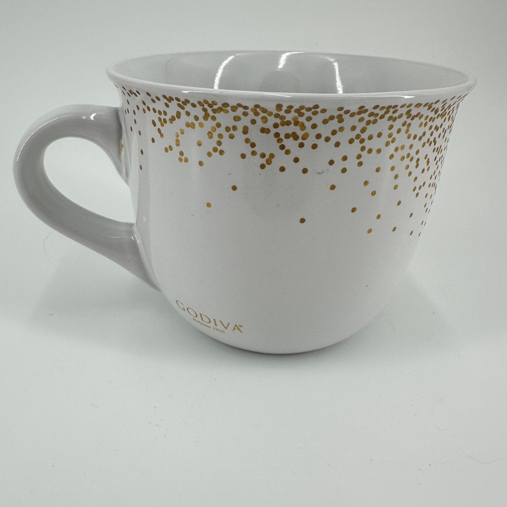 Godiva White Stoneware Mug Gold Confetti Dot Modern Gourmet Foods Belgium 1926